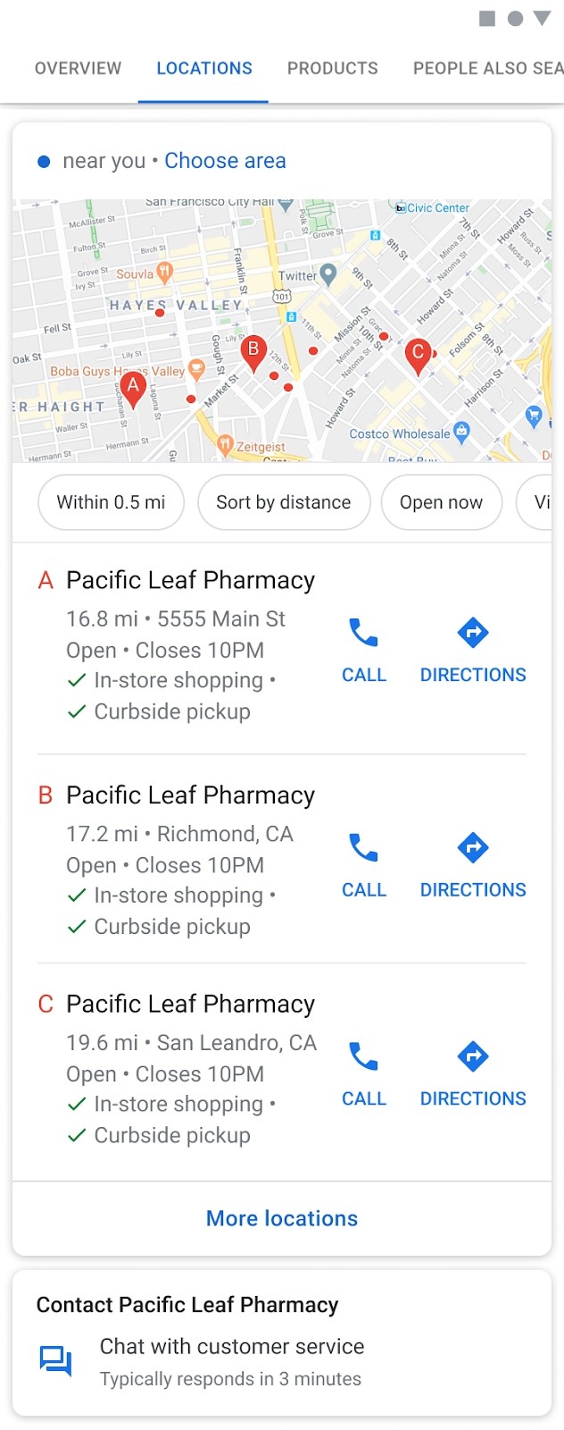 Google Maps search results showing three Pacific Leaf Pharmacy locations with options for in-store shopping and curbside pickup.