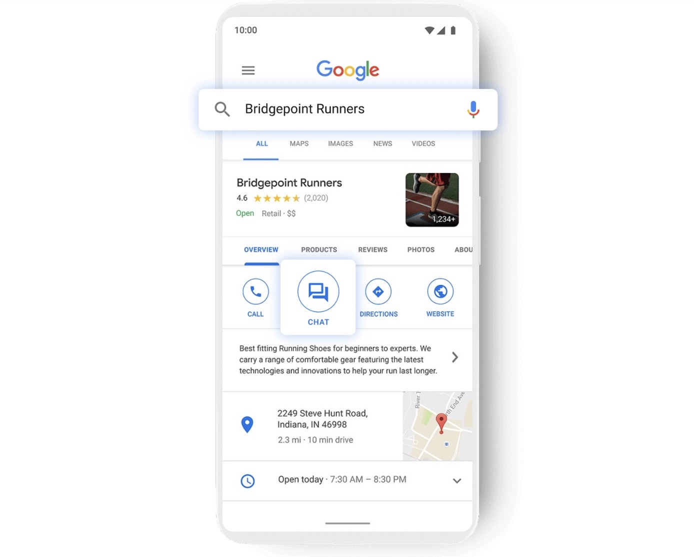 Google search for "Bridgepoint Runners," showing business details, user reviews, and a map location, emphasizing ease of access to contact information and navigation options.
