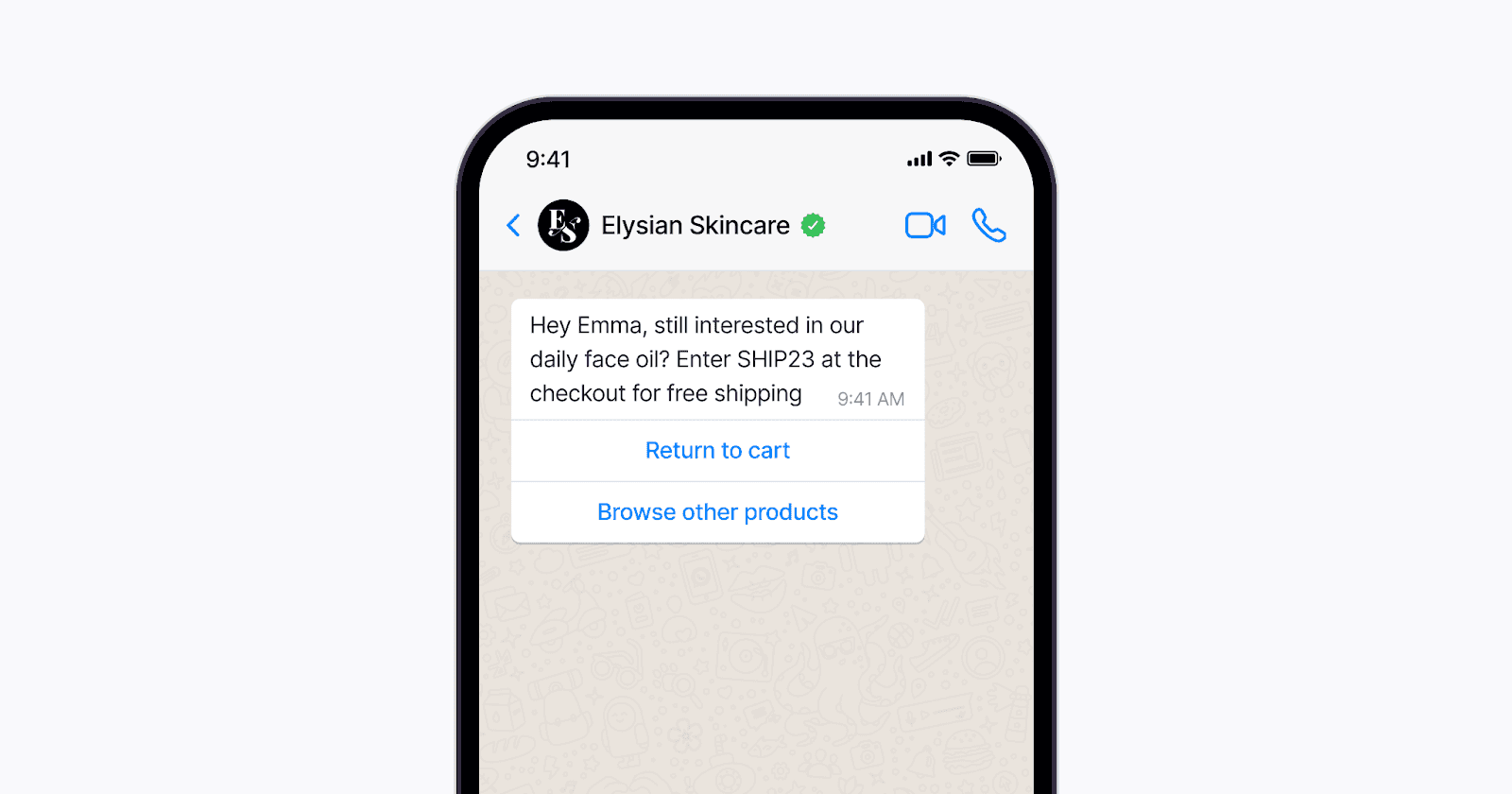 WhatsApp conversation, offering free shipping on a daily purchase.