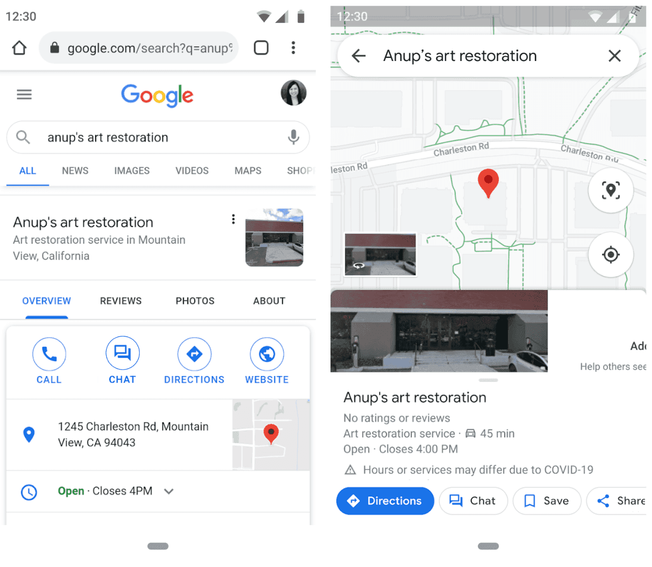 Google search result and map view for "Anup's art restoration"