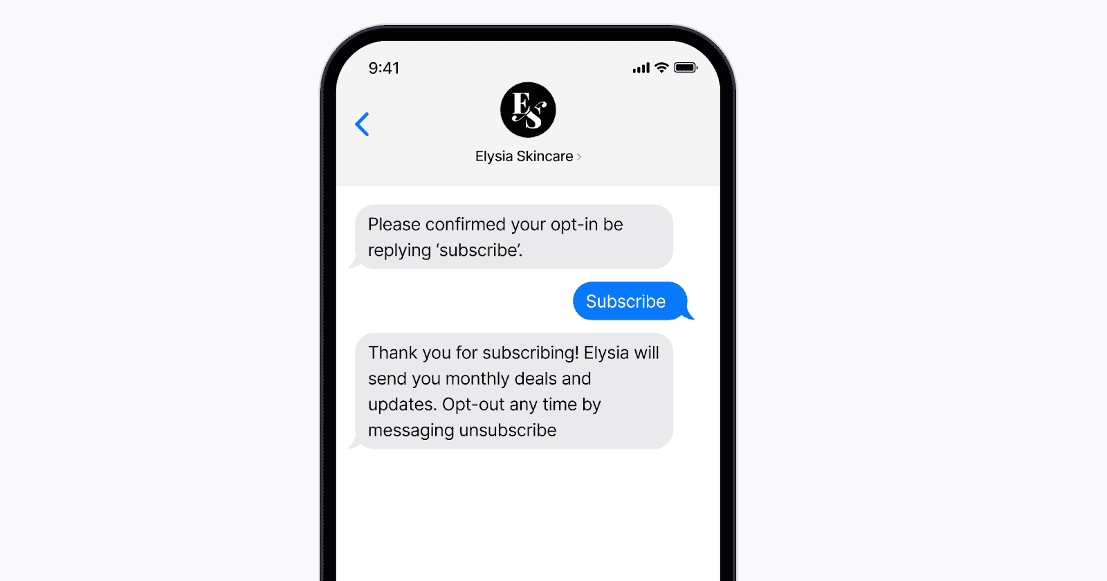 Text message conversation where a company requests subscription confirmation with the option to reply 'subscribe'.