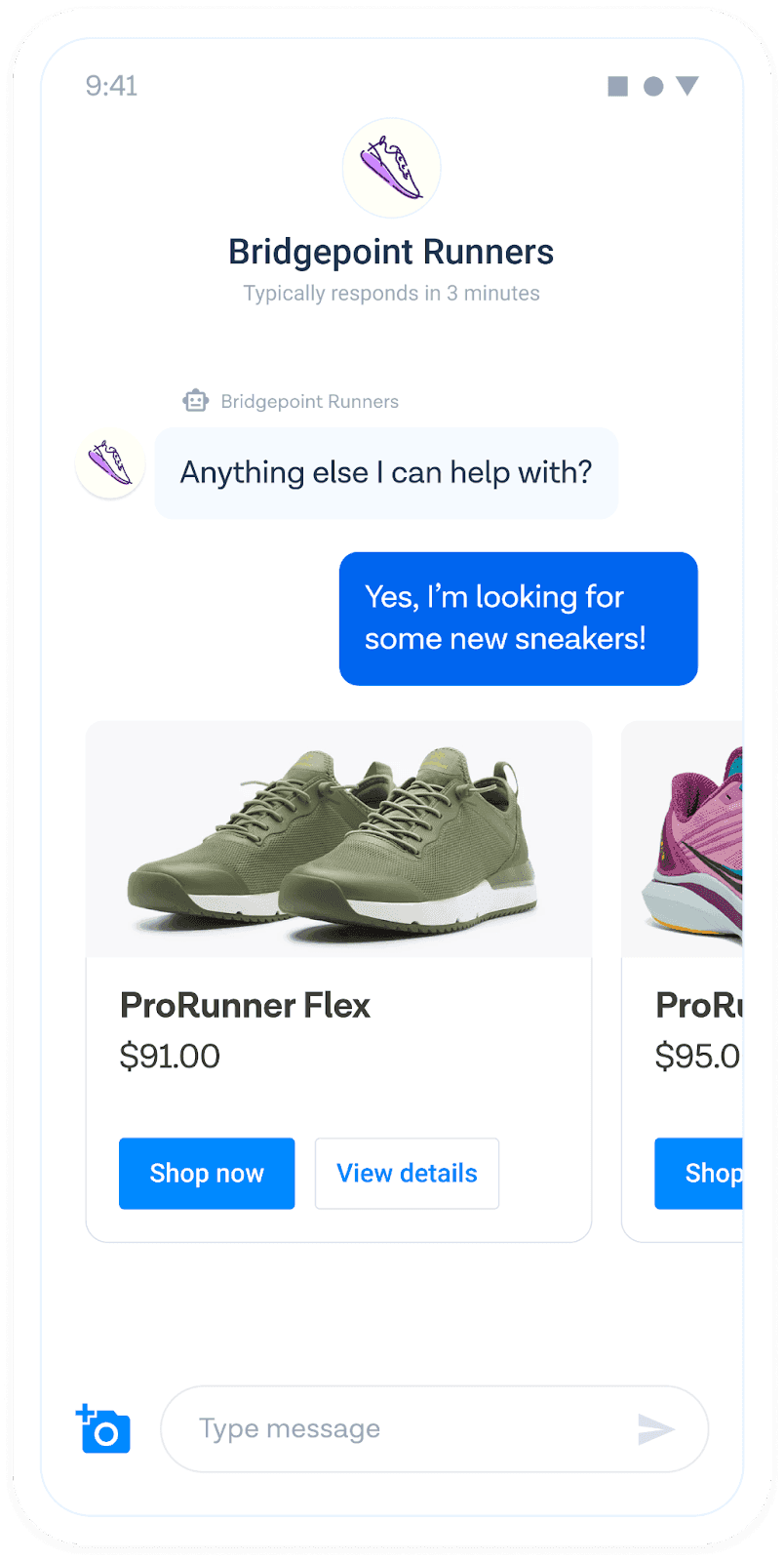 Chatbot asking if it can help and an option to shop or view details.
