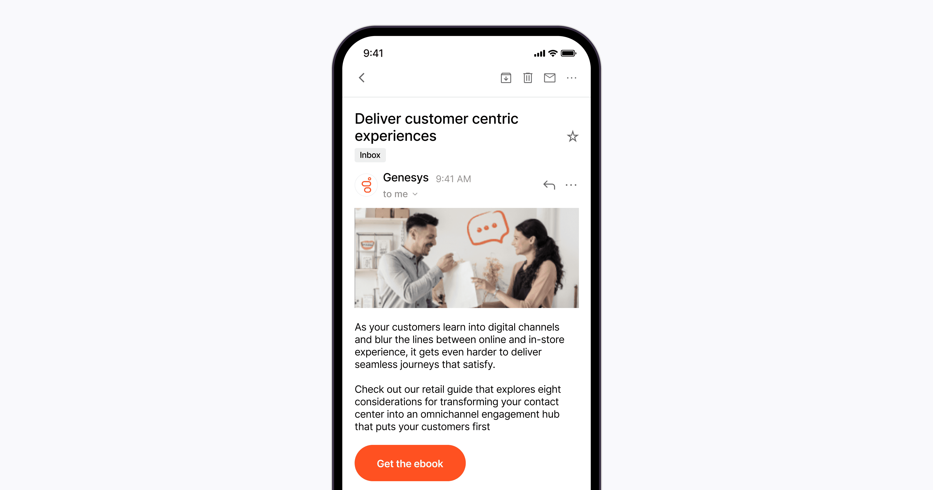 Smartphone screen displaying an email titled "Deliver customer centric experiences" with an "Get the ebook" button highlighted below the message.