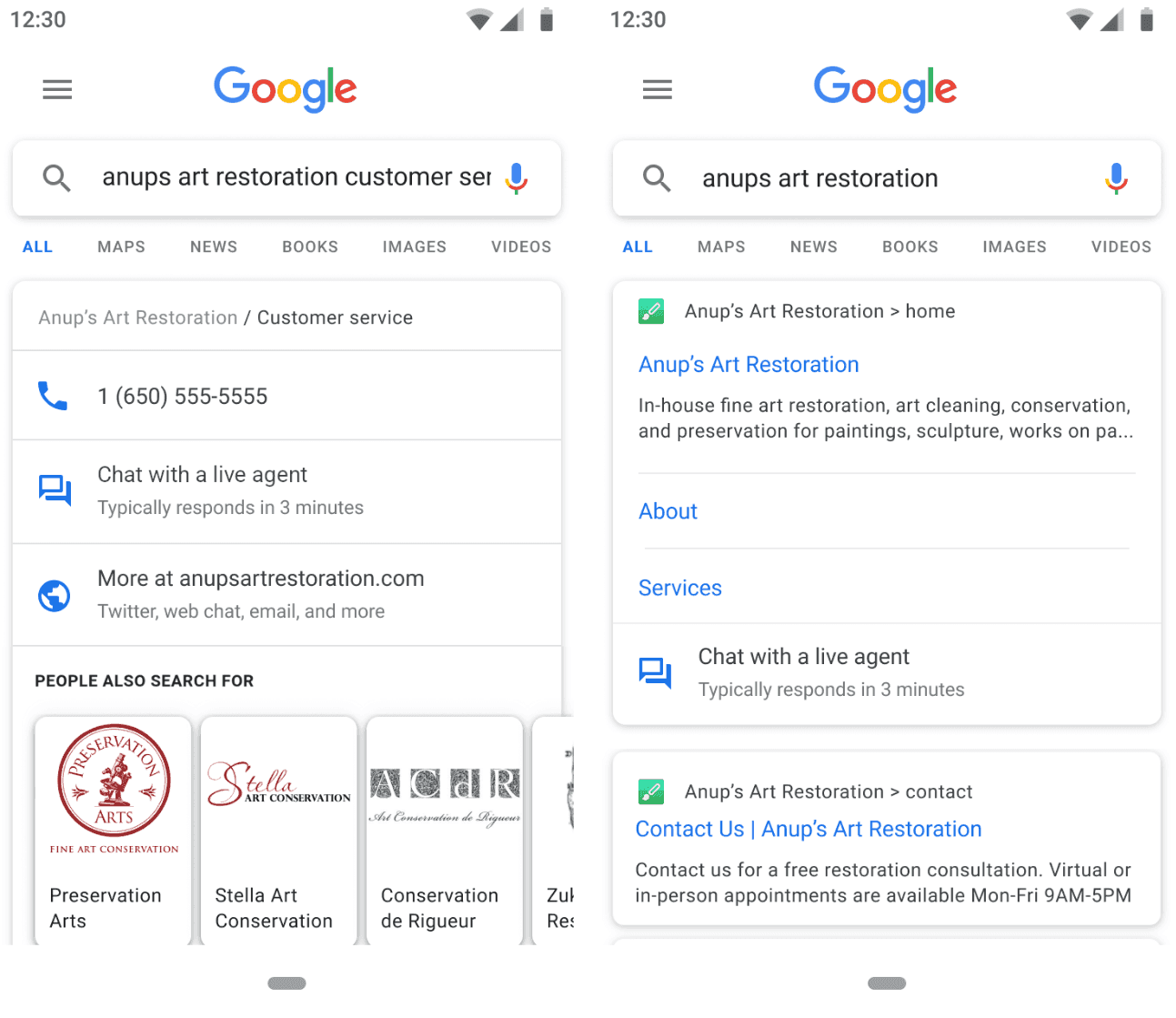 Google search results page for "Anup's Art Restoration" featuring contact information, live chat options, and related art conservation businesses.