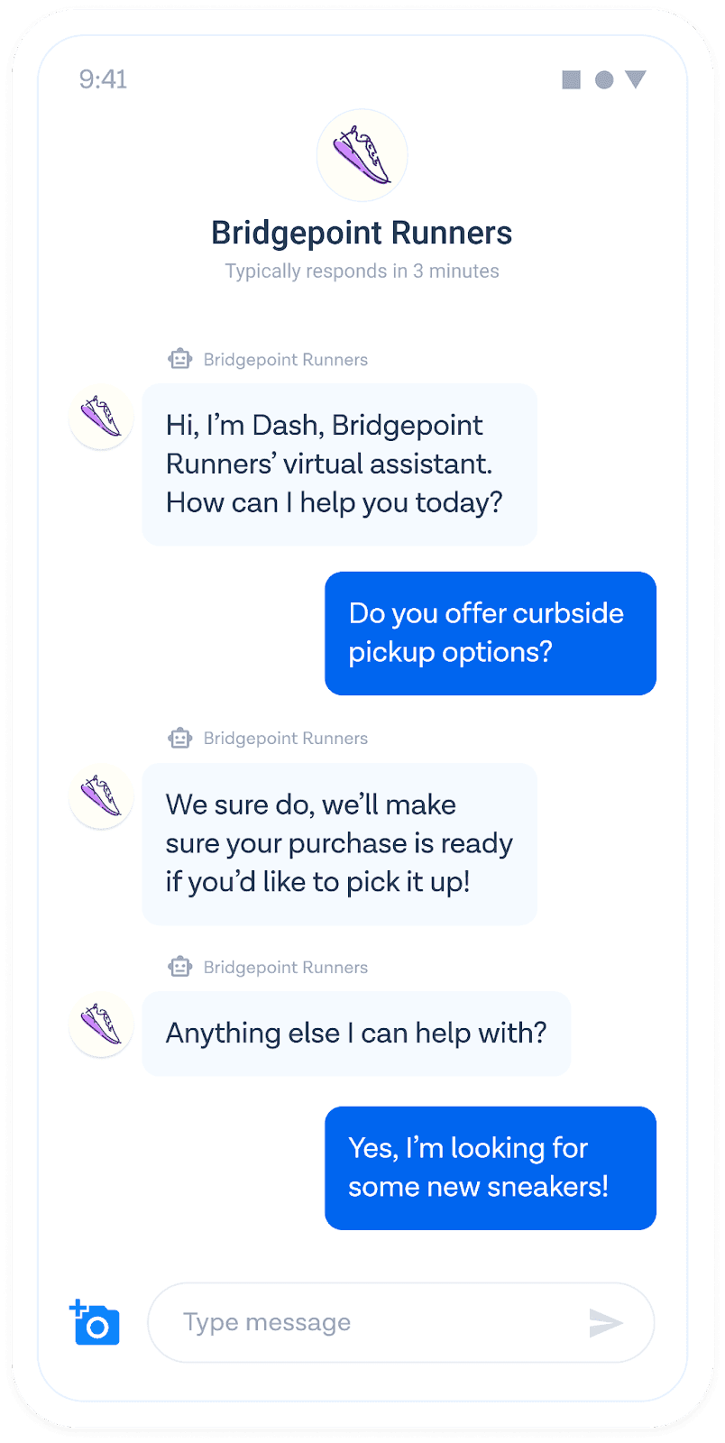 Chat with Bridgepoint Runners' virtual assistant about curbside pickup options and purchasing new sneakers.