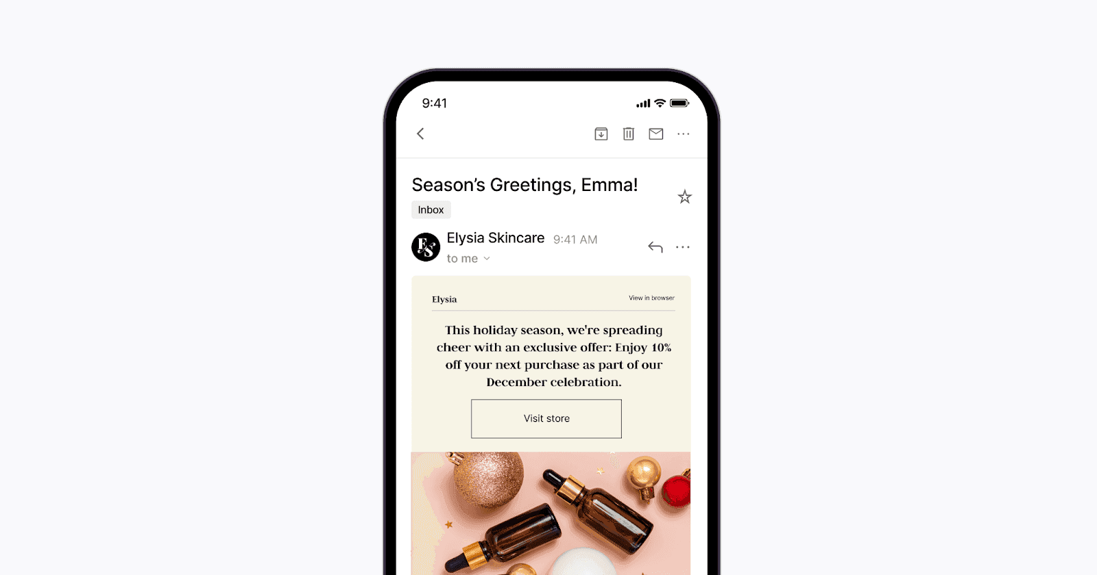 Email from a skincare brand, featuring a holiday season greeting and promoting a discount offer.