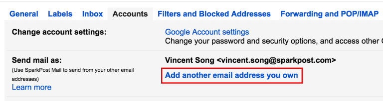 Gmail Accounts settings page showing email sending options with a SparkPost email address configured and a button to add additional email addresses.