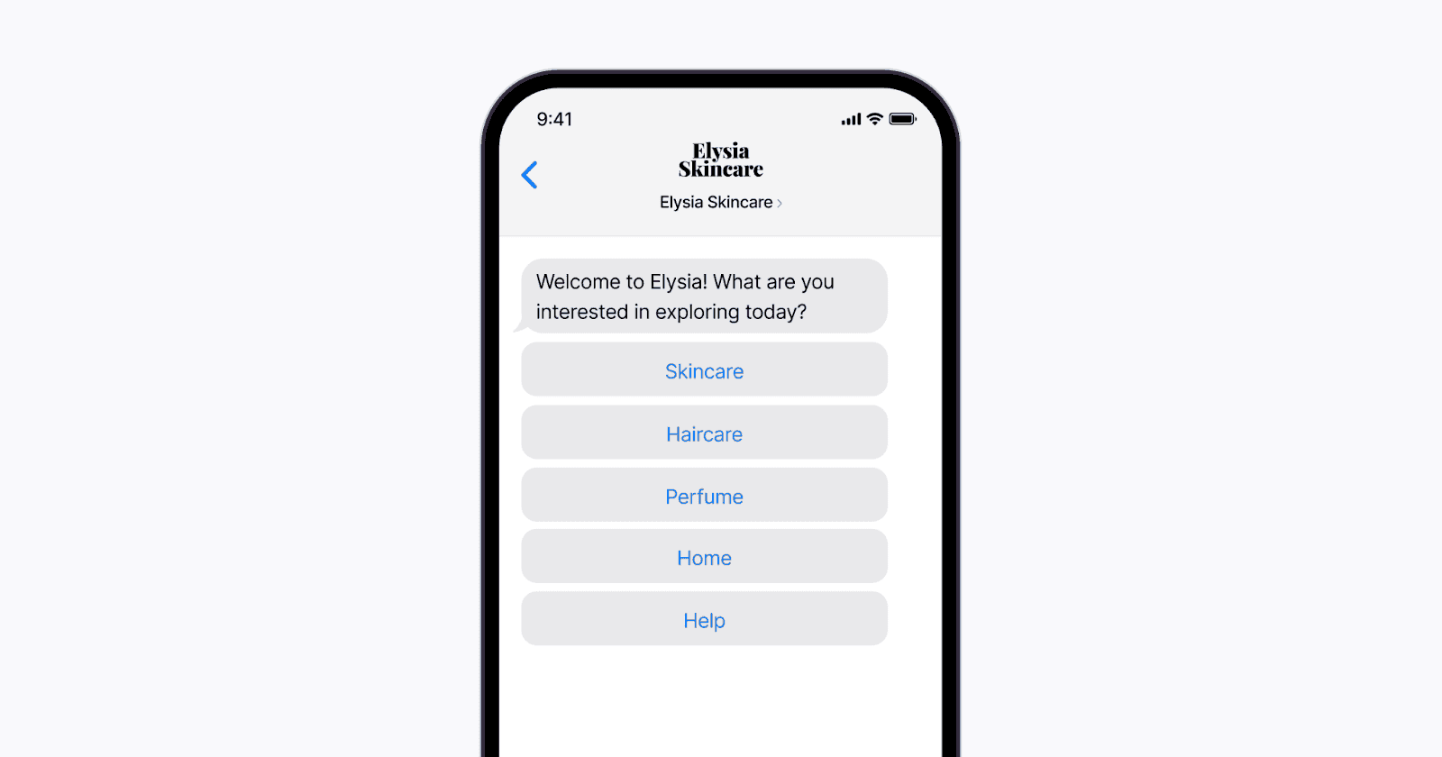 Chatbot interface offering options such as Skincare, Haircare, Perfume, Home, and Help for user selection.